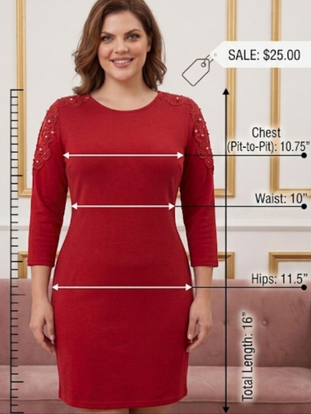 Red Mini Sheath Dress Pearl Beaded Lace Sleeve Cutout Size 14-16